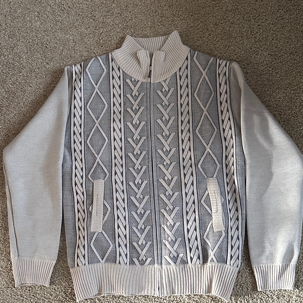 Gray and White Patterned Zip-Up Sweater